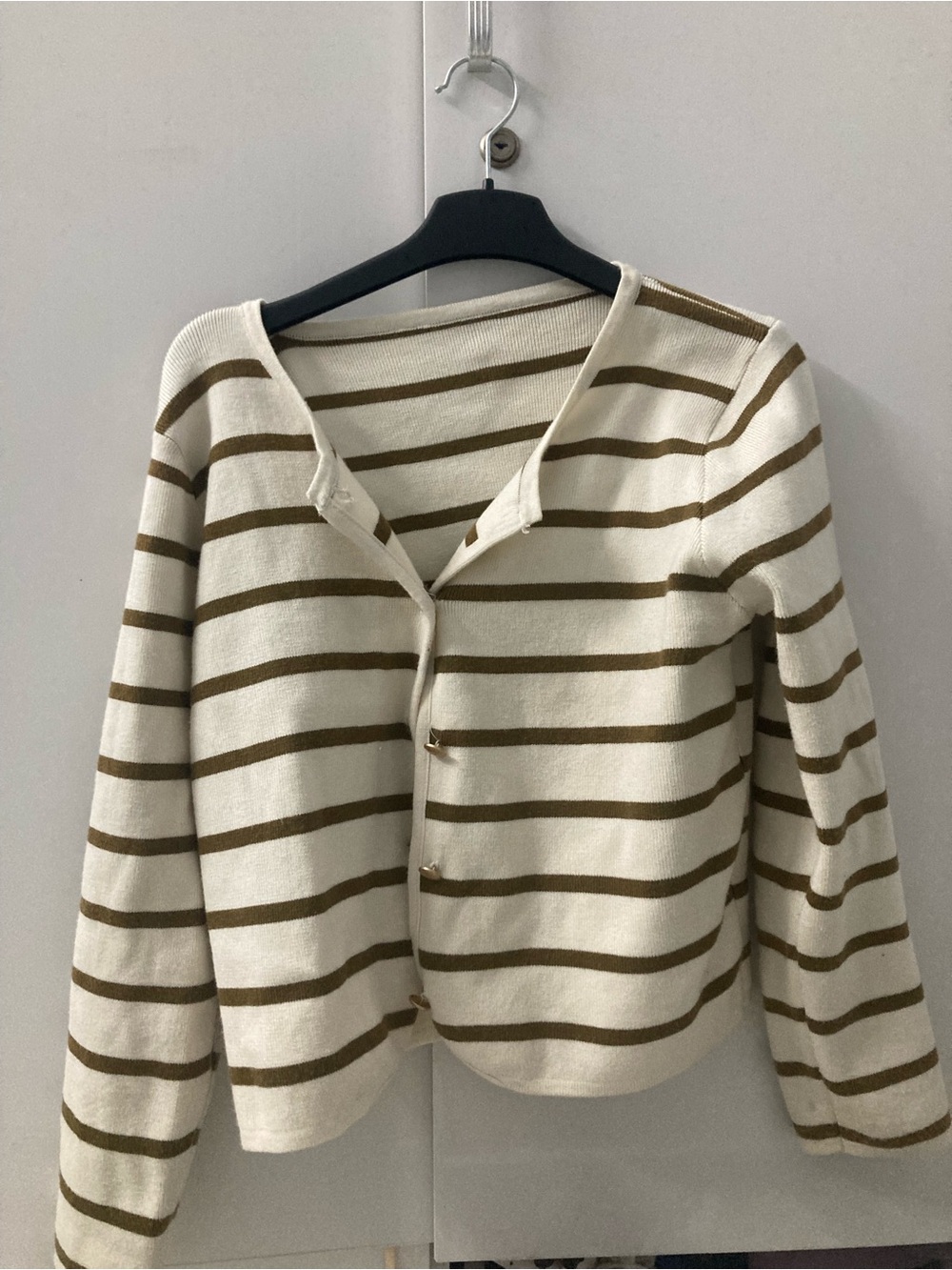 Striped Cream and Brown Button-Front Women's Sweater